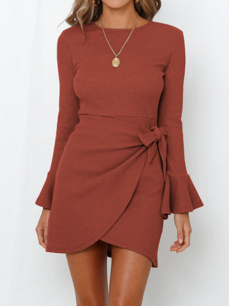 Flared Long Sleeve Slim-fitted Bow Dress CAN-X-DID