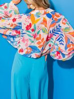 Floral Print Lantern Long sleeved V-neck Loose Shirt CAN-X-DID