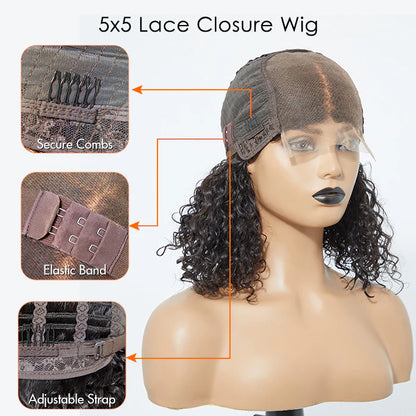 Courtney 5x5 Glueless Lace Closure Bob Wig 150% Density Water Wave