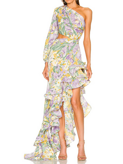 Modelo One Shoulder Floral Print Ruffle Hem Dress CAN-X-DID
