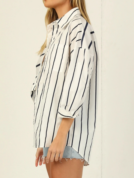 Pocket Contrast Striped Long-Sleeved Shirt CAN-X-DID