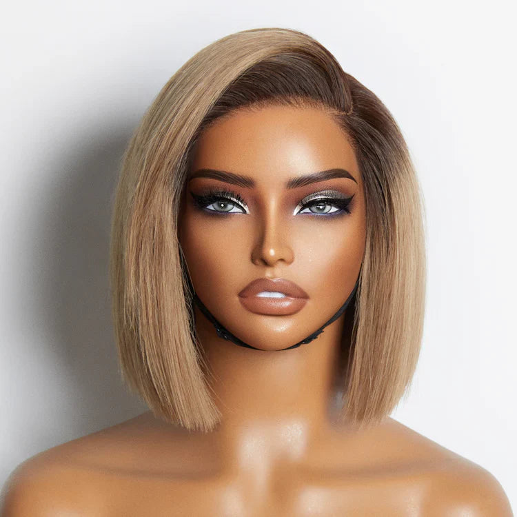 Chic Ready to Go Short 8 inch Ash Blonde Ombre Blunt Cut Bob Glueless Minimalist HD Lace Bob Wig