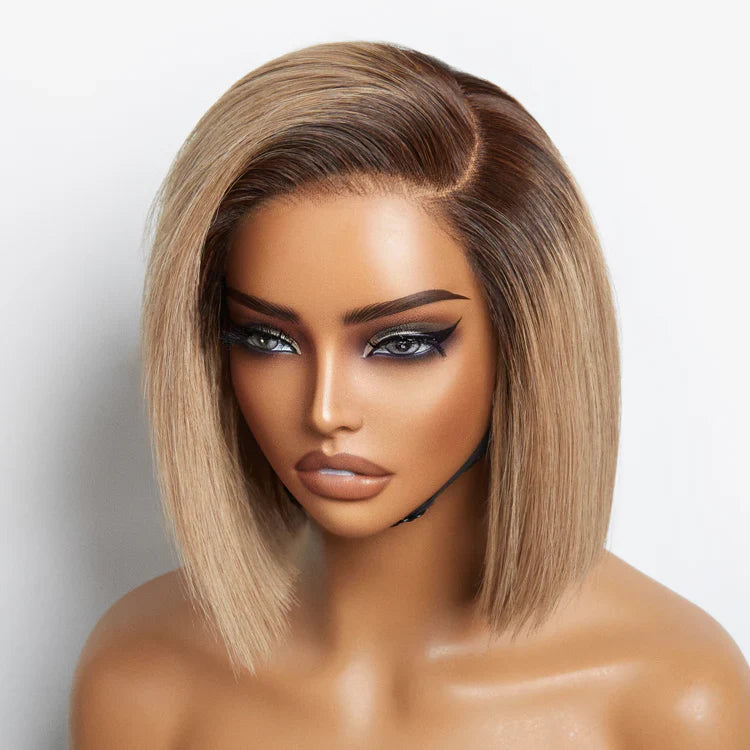 Chic Ready to Go Short 8 inch Ash Blonde Ombre Blunt Cut Bob Glueless Minimalist HD Lace Bob Wig