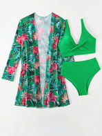 Tropical Green Floral Print Bikini Three Piece Swimsuit CAN-X-DID