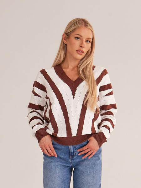 V Neck Stripe Pullover Knitted Sweater CAN-X-DID