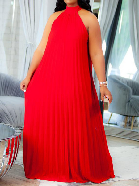 Pleated Plus Size Sleeveless Halter Dress