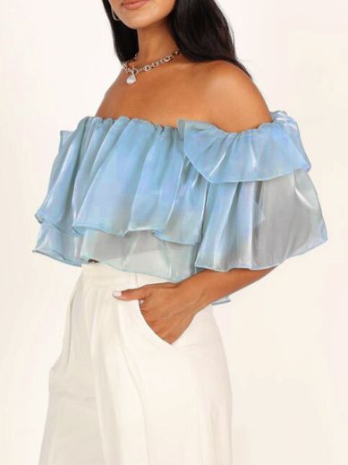 BabyBlue Mesh Off Shoulder Double Layer Ruffle Trim Crop Top