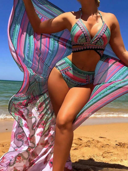 Peacock Printed High Waist Swimsuit Three Piece Set